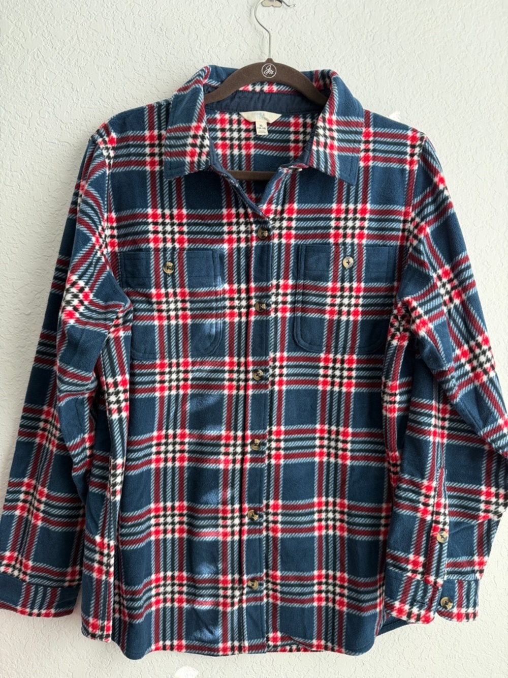 Time and Tru Navy Red White Plaid Fleece Shirt Jacket